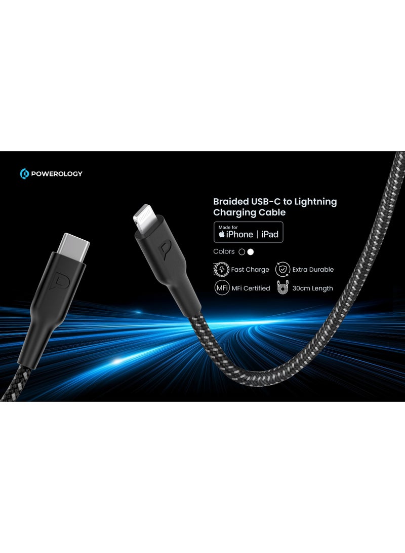 باورولوجي كابل شاحن آيفون 30 سم [معتمد من MFi] كابل USB C إلى لايتنينغ مضفر، شحن سريع مع توصيل الطاقة PD 60W، كابل شحن آيفون لهواتف آيفون 14/14 برو/14 بلس/14 برو ماكس، آيباد برو، وآيفون 8-13 جميع السلاسل. - Image 4